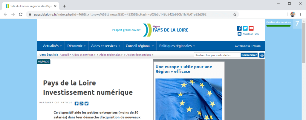 Copie d'écran du site de la région Pays de la loire sur la page Investissement numérique