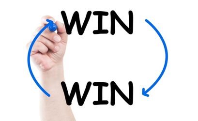 Illustration avec deux mots "win" et des mains dessinant des flèches qui vont l'un vers l'autre.