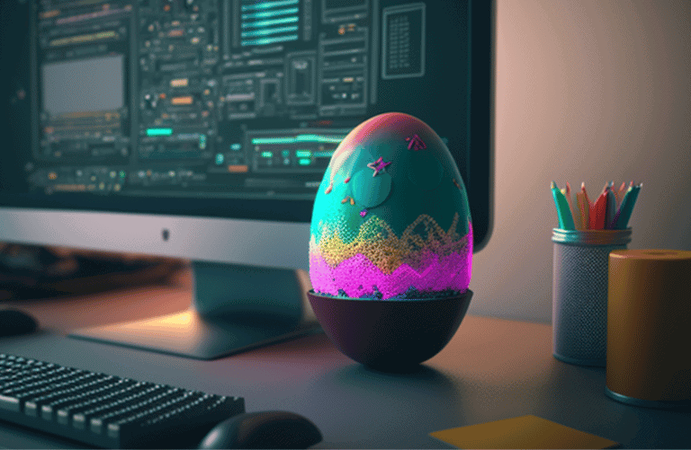 Un oeuf de Pâques est posé devant un ordinateur.