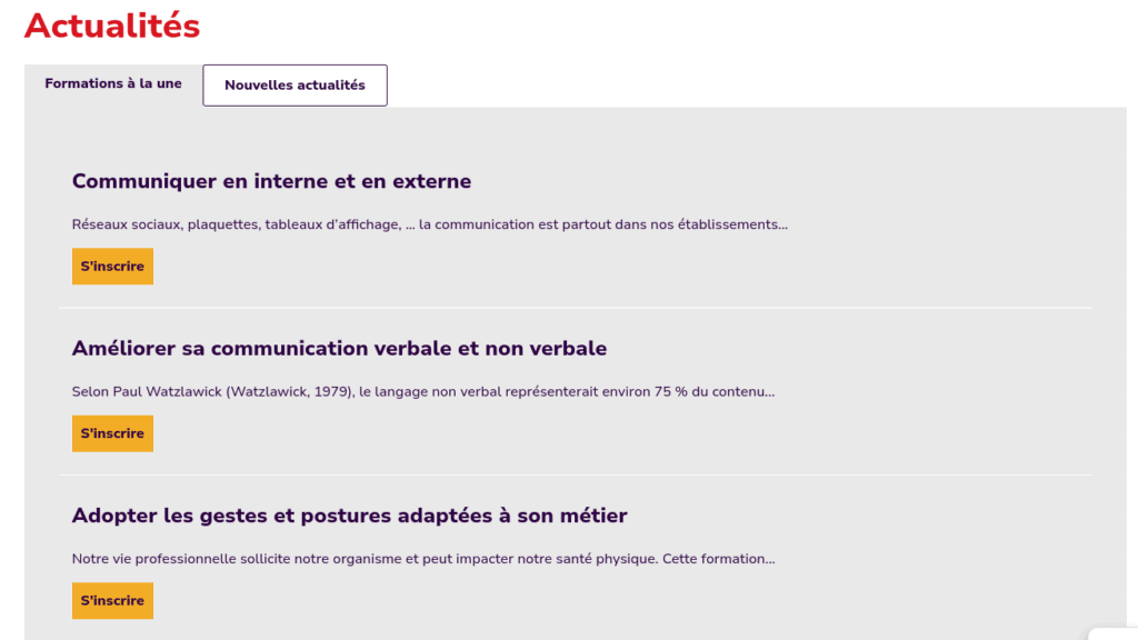 Copie d'écran des formations à la une sur la page des actualités du site du Créfi.