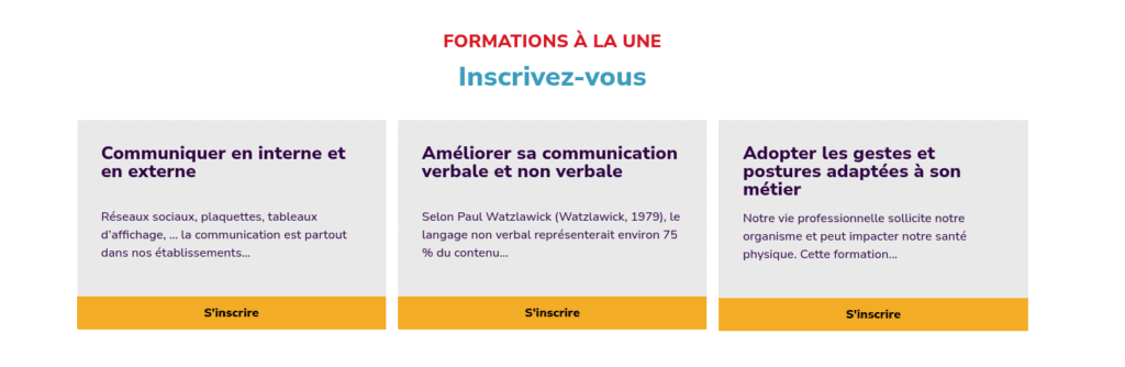 Copie d'écran des formations à la une sur la page d'accueil du site du Créfi.