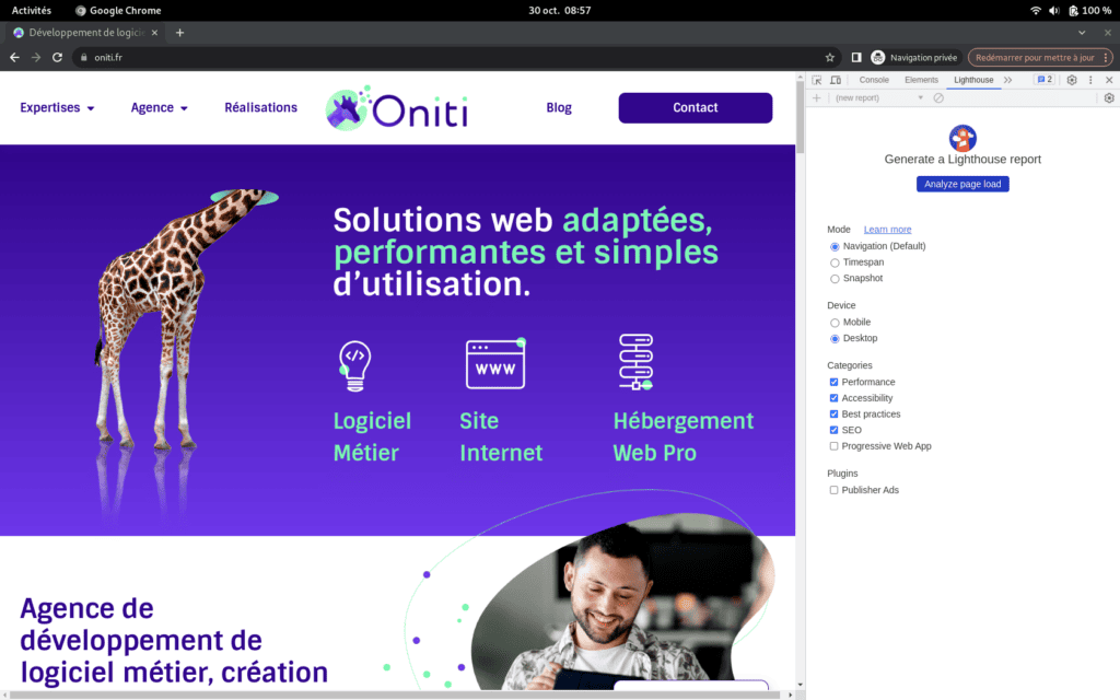 Copie d'écran de la page d'accueil du site Oniti avec l'outil lighthouse ouvert.