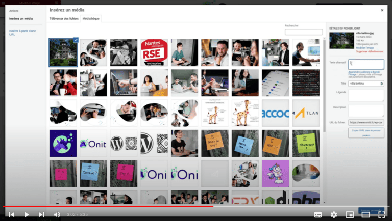 Capture d'écran d'une vidéo sur l'utilisation des images dans un WordPress.