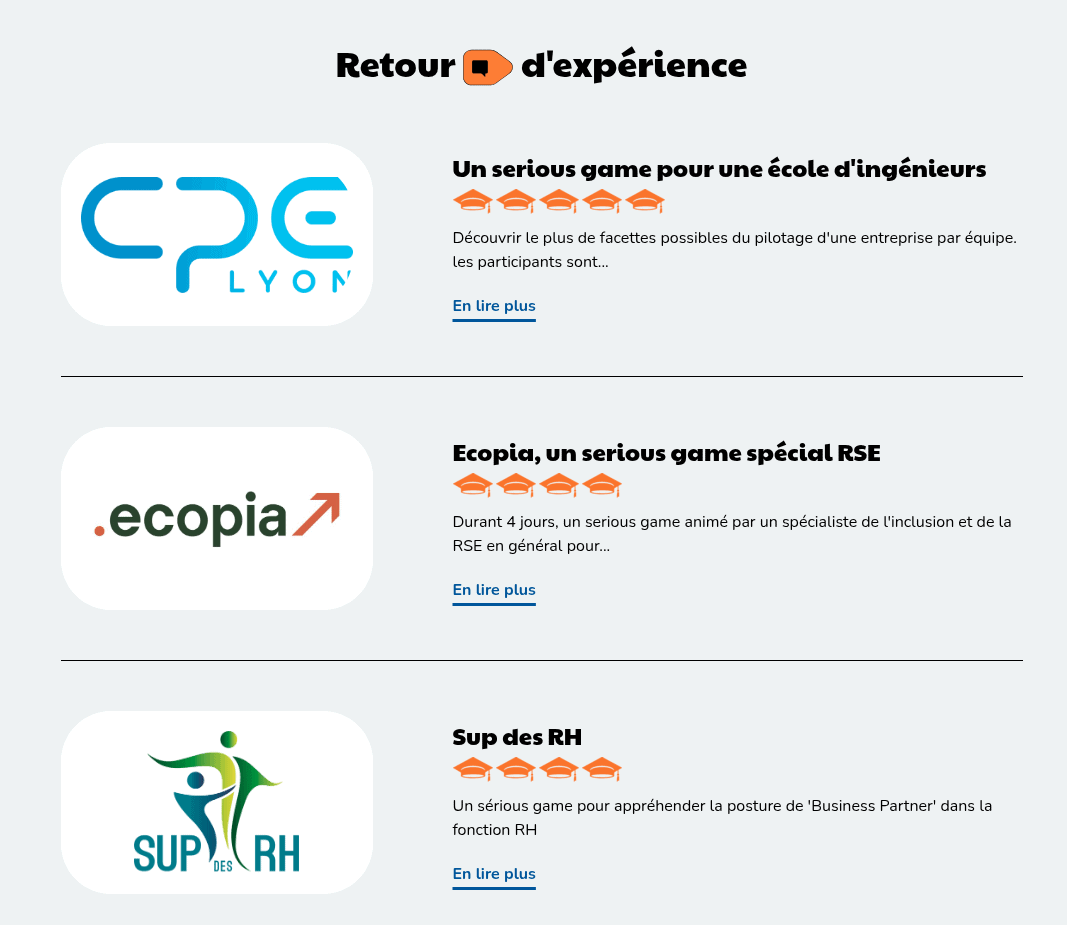 Copie d'écran des cas client sur une page offre du site ipage-business-game.